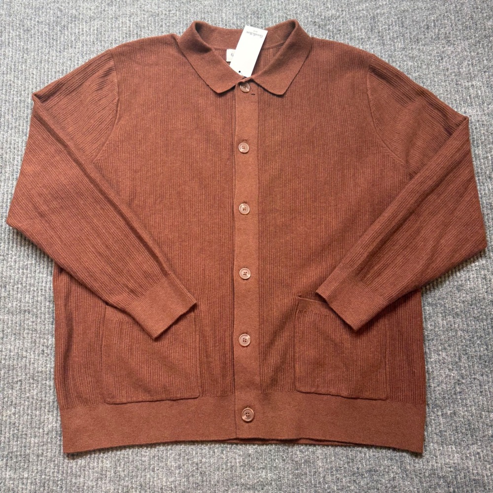 Goodfellow & Co Mens XL Brown Ribbed Knit Button Front Collared Cardigan Sweater